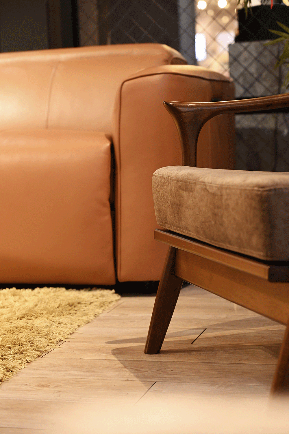 Brown leather sofa and wooden chair in a room with a textured wall and plant.
